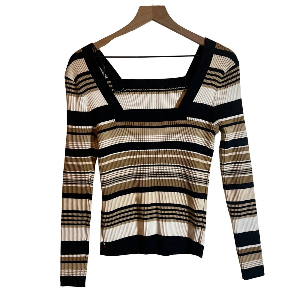 Tommy Hilfiger Sailor Sweater, Striped Square Neck Ribbed Knit, Women's Medium - Picture 7 of 13